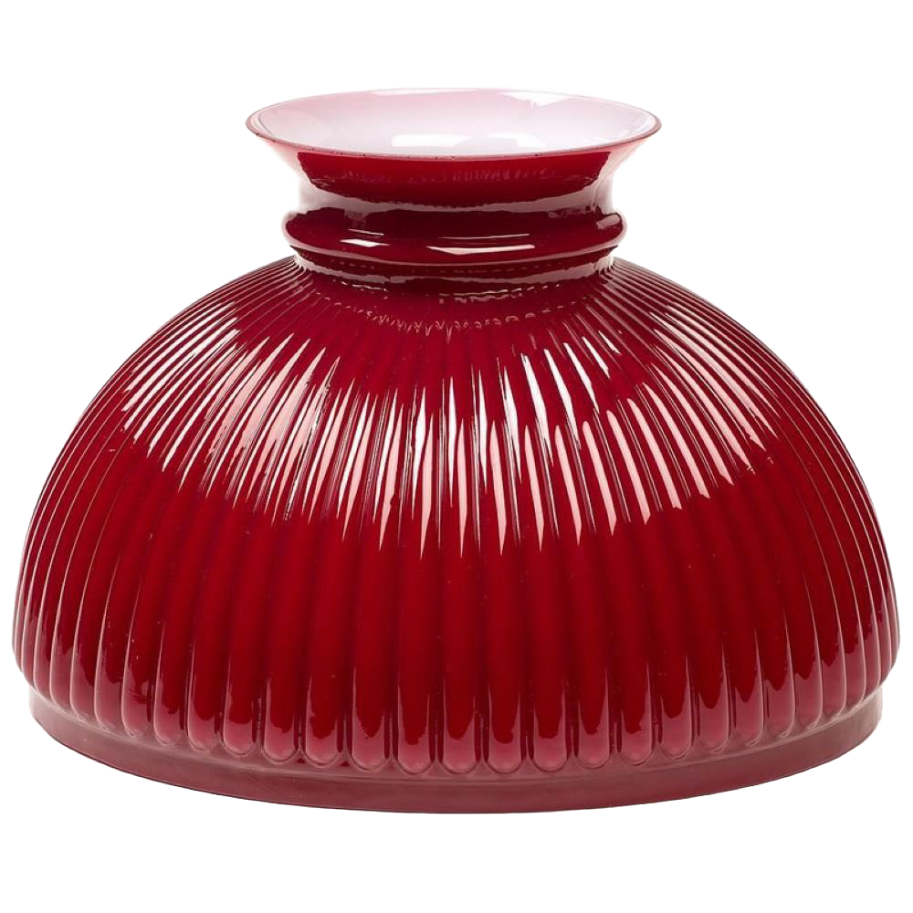 Handcrafted ruby red ribbed glass oil lamp shade with flared white rim, fits Aladdin 10-inch lamp rings, featured in Lamps & Lighting, Parts and Accessories, and Lamp Shades collections.