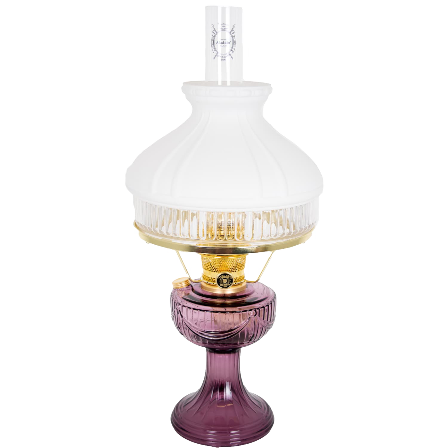 Handcrafted Aladdin Lincoln Drape oil lamp with amethyst glass base, brass burner, and frosted white top shade, ideal for Farm, Garden & Tool, Lamps & Lighting, and Emergency Supplies collections.