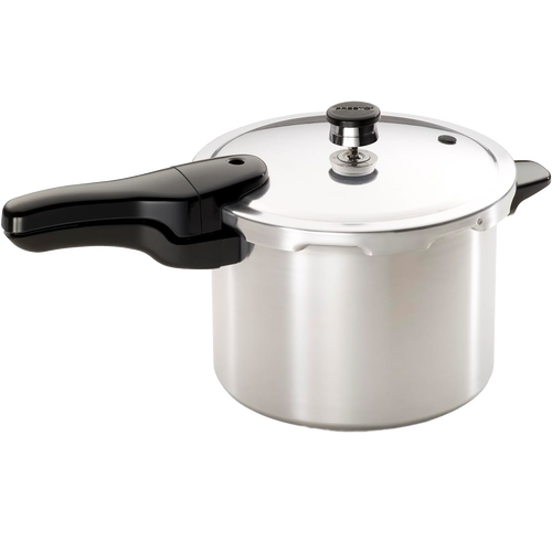 Handcrafted aluminum pressure cooker with a glossy finish and black ergonomic handle, designed for fast, efficient cooking, featured in Kitchen & Food, Cookware, Pots and Pans, Best Sellers, and Promo Eligible collections.