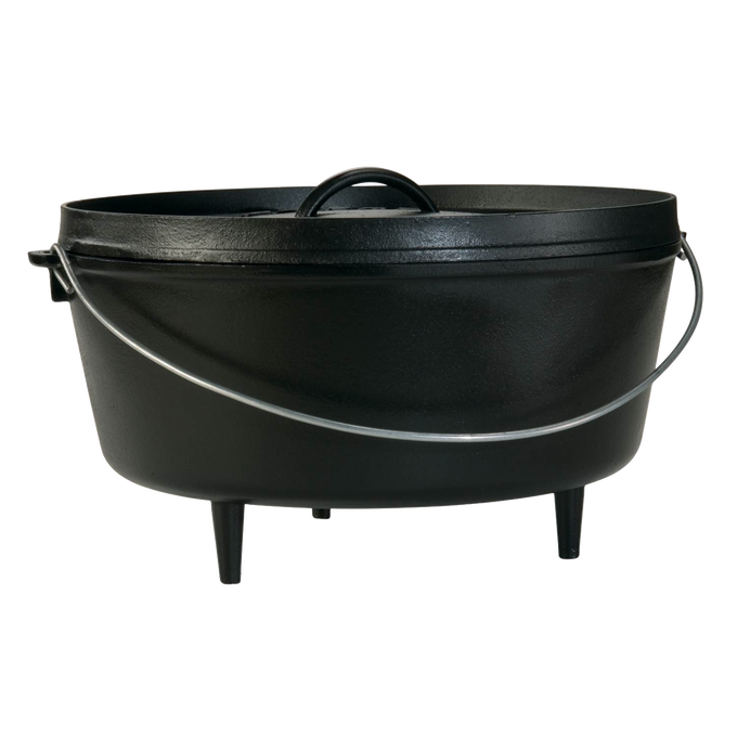 Heavy-duty cast iron camp Dutch oven with built-in legs, metal bail handle, and tight-fitting lid, handcrafted in USA; ideal for Farm, Garden & Tool, Camping, Cast Iron, Best Sellers, Promo Eligible collections.