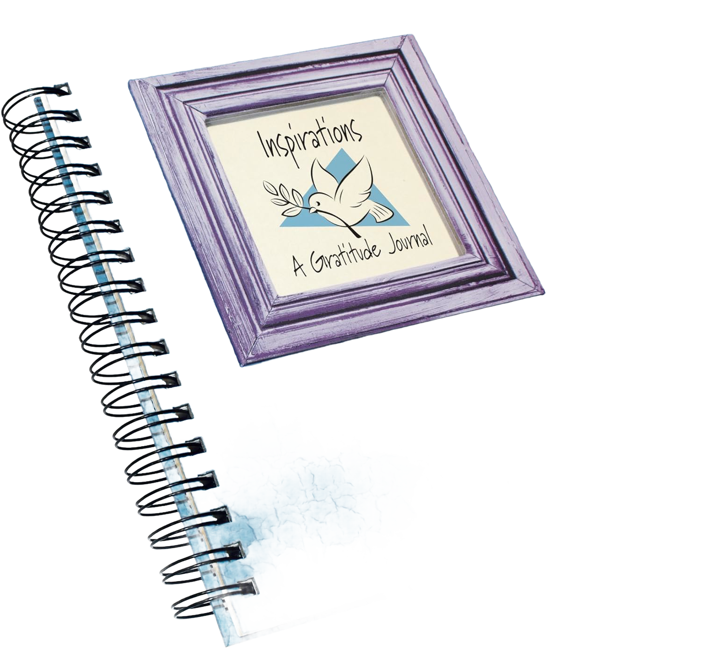 Spiral-bound gratitude journal with a blue cover featuring a framed cover image of a white dove and inspirational text, handcrafted and part of heritage and lifestyle books collection.