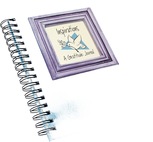 Spiral-bound gratitude journal with a blue cover featuring a framed cover image of a white dove and inspirational text, handcrafted and part of heritage and lifestyle books collection.