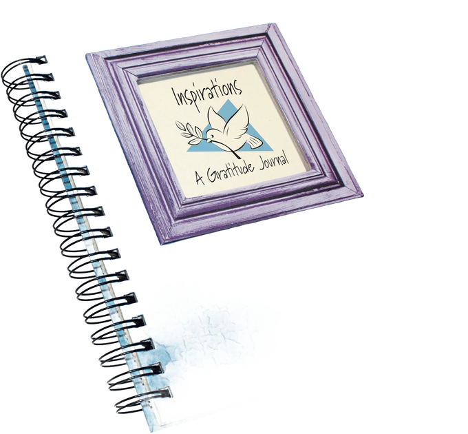 Spiral-bound gratitude journal with a blue cover featuring a framed cover image of a white dove and inspirational text, handcrafted and part of heritage and lifestyle books collection.