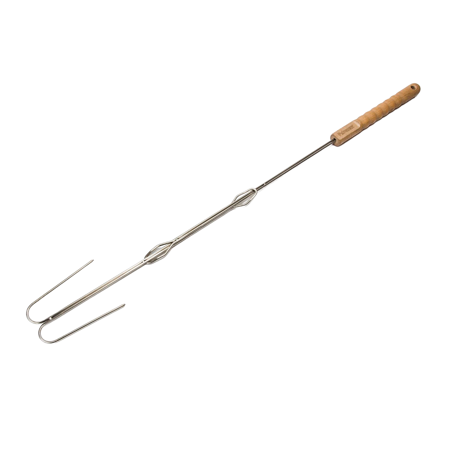 Handcrafted adjustable campfire skewer with a natural wood handle and durable metal fork, designed for safe roasting over open flames in Camping, Farm, Garden & Tool, and Best Sellers collections.
