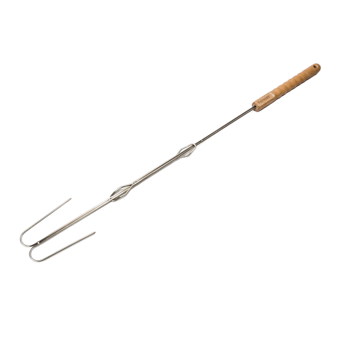Handcrafted adjustable campfire skewer with a natural wood handle and durable metal fork, designed for safe roasting over open flames in Camping, Farm, Garden & Tool, and Best Sellers collections.