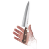 8-inch kitchen knife with polished stainless steel blade and dark wood handle featuring brass rivets, held in hand, ideal for food prep in Kitchen Knives and USA Made collections.
