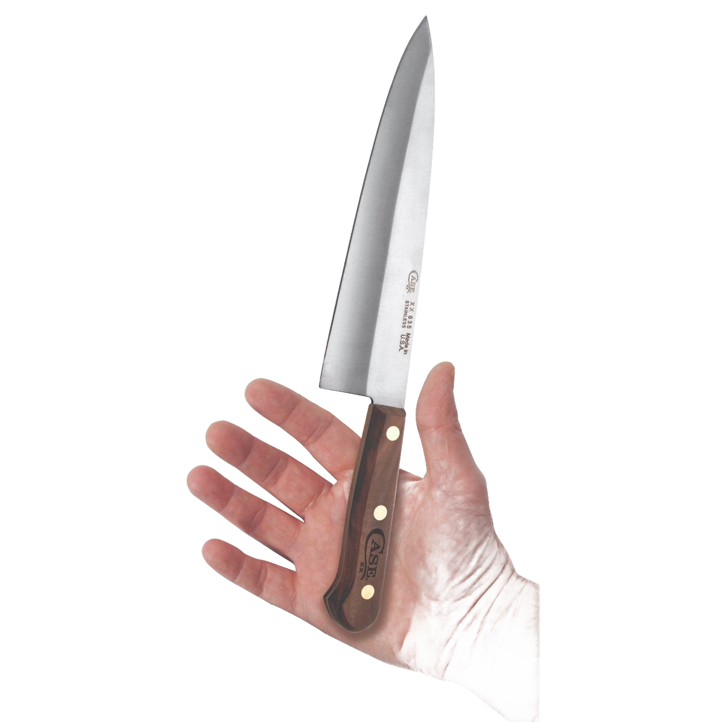 8-inch kitchen knife with polished stainless steel blade and dark wood handle featuring brass rivets, held in hand, ideal for food prep in Kitchen Knives and USA Made collections.