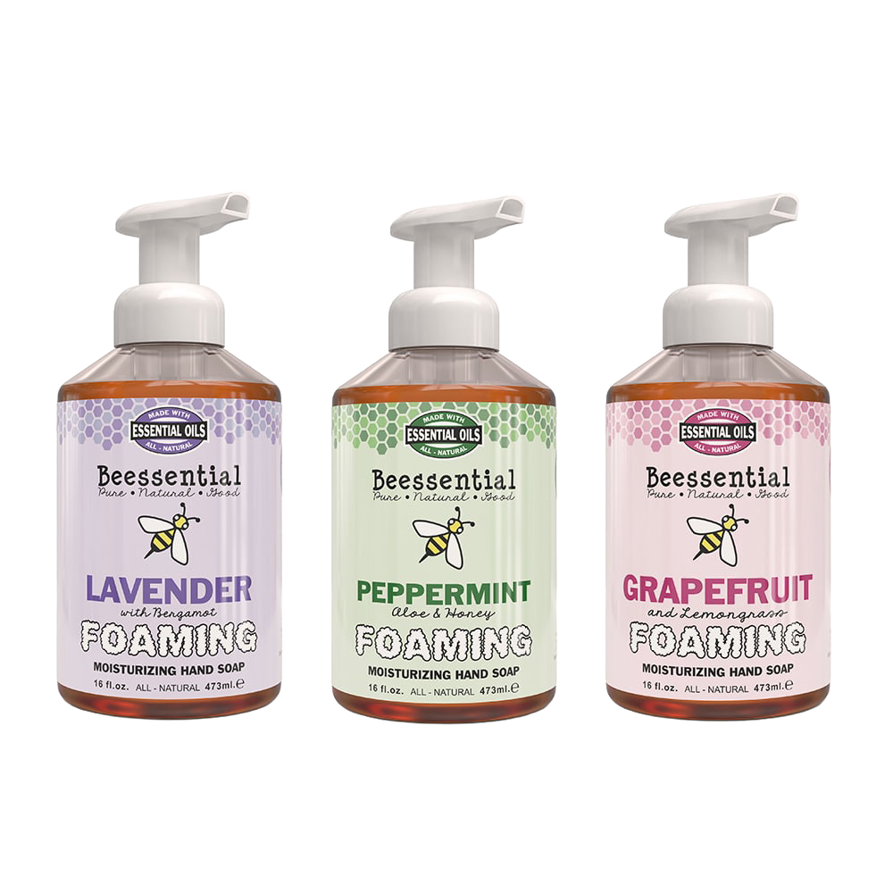 Set of three handcrafted natural foaming hand soaps in lavender, peppermint, and grapefruit scents, made in the USA, perfect for Health & Wellness and Soaps collections.