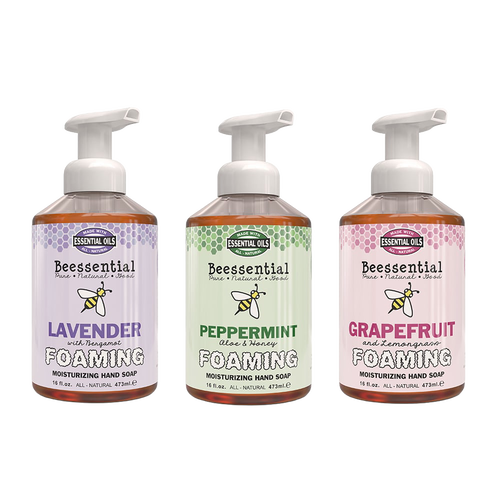Set of three handcrafted natural foaming hand soaps in lavender, peppermint, and grapefruit scents, made in the USA, perfect for Health & Wellness and Soaps collections.