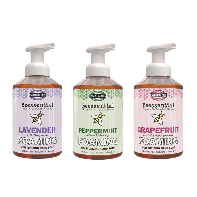 Set of three handcrafted natural foaming hand soaps in lavender, peppermint, and grapefruit scents, made in the USA, perfect for Health & Wellness and Soaps collections.