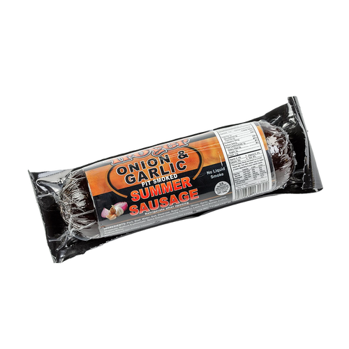 Vacuum-sealed summer sausage with onion and garlic flavor, pit smoked and handcrafted in USA, perfect for Kitchen & Food, Snacks and Sweets, Pantry, Meats, and Best Sellers collections.