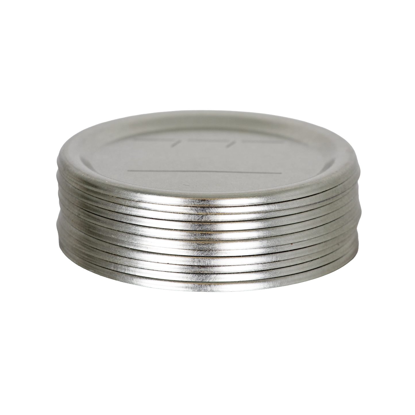 Stack of silver-toned metal lids with BPA-free sealing compound, designed to fit regular-mouth glass jars, featured in Kitchen & Food, Food Preservation, and Canning collections.