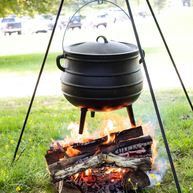 cast iron outdoor cooking kettles BREEO Kettle with Lid Round shape allows steam and flavors to mingle inside the pot for more yum Durable cast iron construction will hold up to years of fireside cooking Three legs give the kettles stability Add on a tripod for easier fireside cooking (sold separately) 4.75 Gallon Lehman's Cast Iron Campfire Kettles