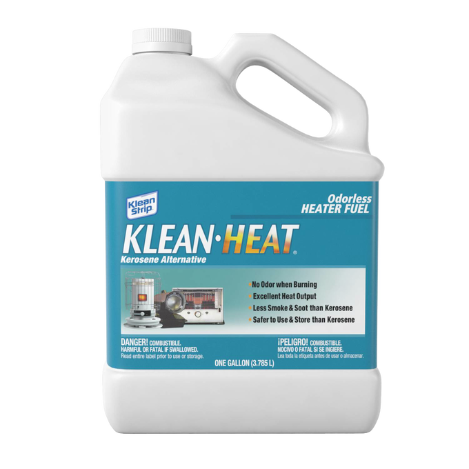 White plastic gallon jug with handle, labeled as odorless heater fuel alternative to kerosene, featuring safety warnings and benefits, ideal for farm, garden, emergency supplies, and lighting collections.