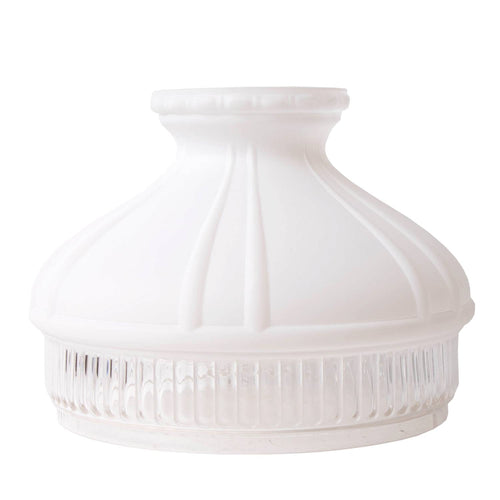 Handcrafted white frosted glass top shade with clear ribbed bottom, designed for Farm, Garden & Tool, Lamps & Lighting, Emergency Supplies, Oil Lamps, Table Lamps, Best Sellers, and Promo Eligible collections.