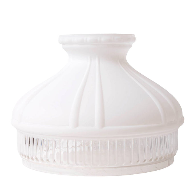 Handcrafted white frosted glass top shade with clear ribbed bottom, designed for Farm, Garden & Tool, Lamps & Lighting, Emergency Supplies, Oil Lamps, Table Lamps, Best Sellers, and Promo Eligible collections.