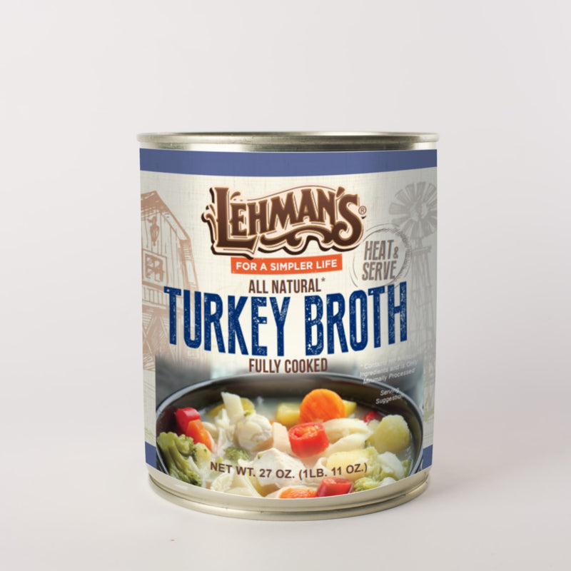 Can of Lehman's handcrafted turkey broth featuring vibrant vegetable imagery, ideal for emergency supplies, kitchen essentials, and farm-to-table meals in best sellers and promo collections.