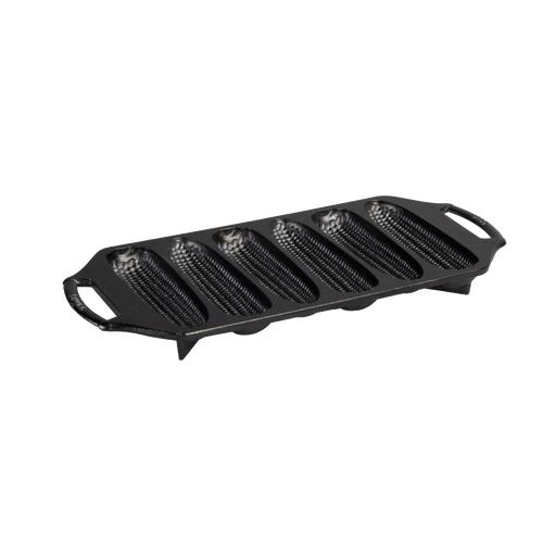 Handcrafted cast iron cornstick pan with six ear-of-corn shaped molds, dual handles for easy grip, and angled feet for oven stability, ideal for Kitchen & Food, Cast Iron, USA Made collections.
