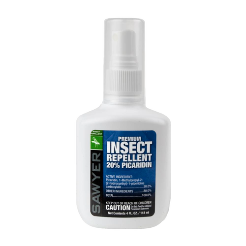 White spray bottle of insect repellent with blue label featuring 20% Picaridin, designed for Farm, Garden & Tool, Camping, Balms, Creams and Lotions, and Best Sellers collections.