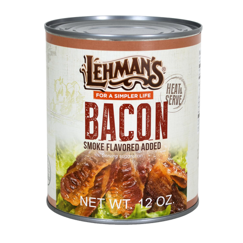 Can of Amish-made, handcrafted smoked bacon with heat-and-serve convenience, ideal for Kitchen & Food, Camping, Emergency Supplies, and Farm, Garden & Tool collections.