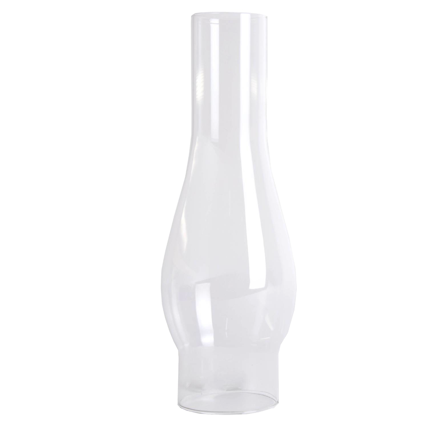 Clear glass oil lamp chimney with a 2-5/8 inch base and bulged midsection, handcrafted for lamps and lighting, ideal for parts and accessories, chimneys and globes collections.