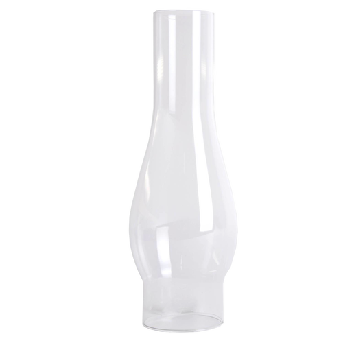 Clear glass oil lamp chimney with a 2-5/8 inch base and bulged midsection, handcrafted for lamps and lighting, ideal for parts and accessories, chimneys and globes collections.
