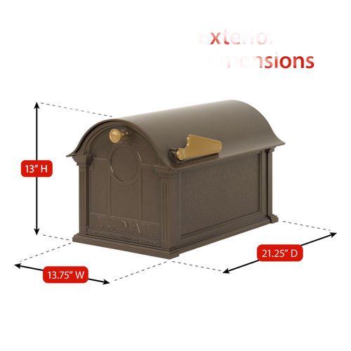 Handcrafted bronze and gold mailbox with traditional curved-top design, featuring detailed embossed panels and a raised flag, enhancing curb appeal in Home & Decor and USA Made collections.