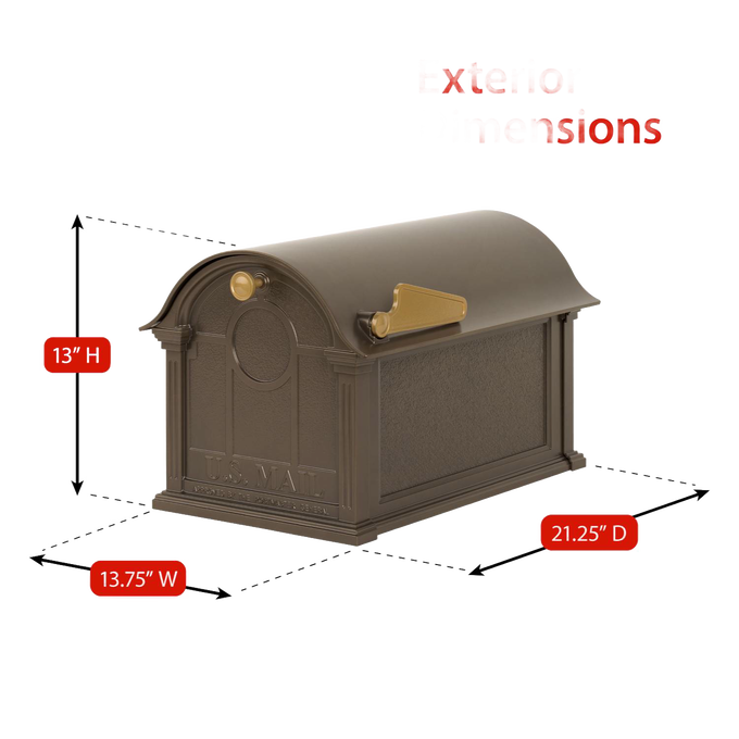 Handcrafted bronze and gold mailbox with traditional curved-top design, featuring detailed embossed panels and a raised flag, enhancing curb appeal in Home & Decor and USA Made collections.