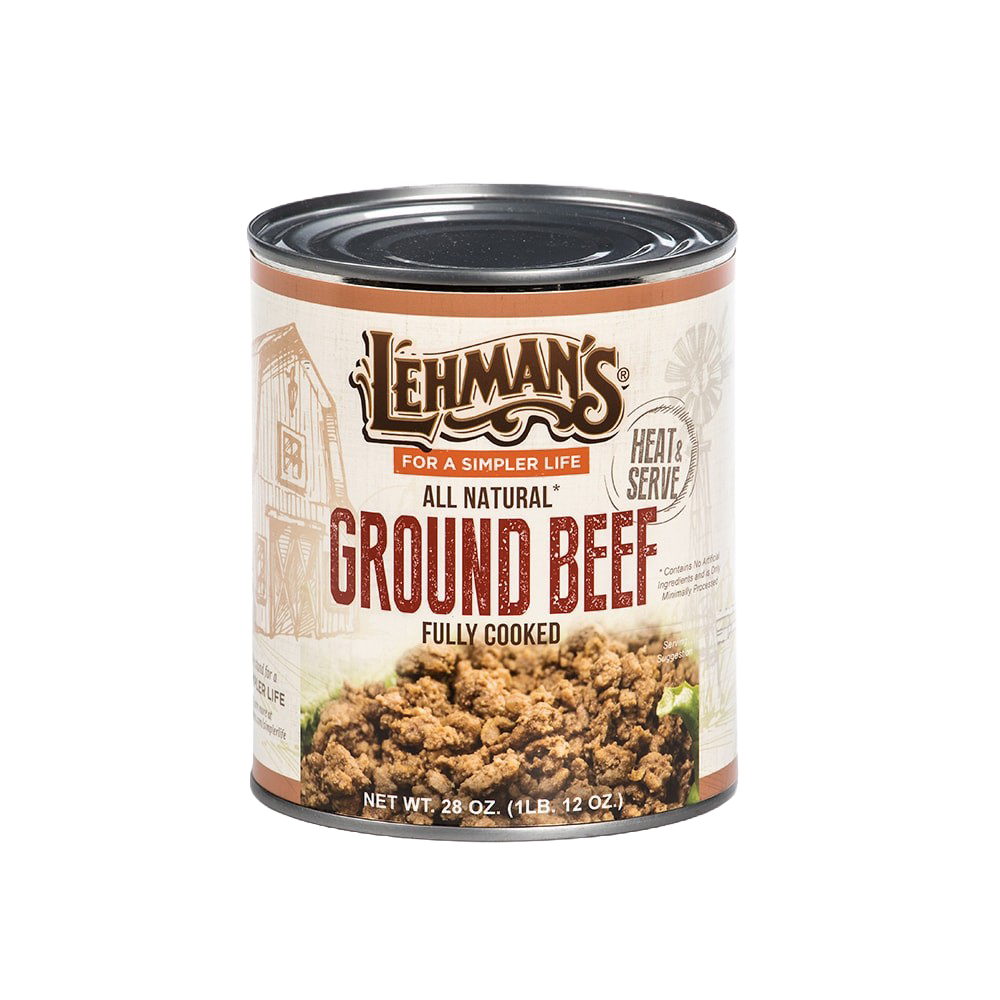 Rustically designed can of Lehman's handcrafted all natural fully cooked ground beef, perfect for quick meals in Kitchen & Food, Food, Meats, Best Sellers, and Promo Eligible collections.