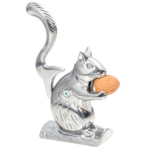 Handcrafted cast aluminum squirrel-shaped nutcracker holding a whole nut, designed for Kitchen & Food, Food Prep, Choppers and Cutters, and Best Sellers collections.
