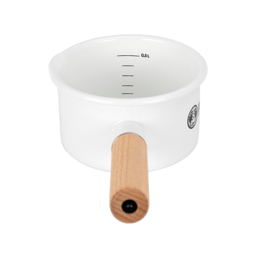 White enamel pan with a wooden handle and interior liter measurement marks, designed for precise outdoor cooking in Camping, Kitchen & Food, Farm, Garden & Tool, Cookware, Pots and Pans, Best Sellers, and Promo Eligible collections.
