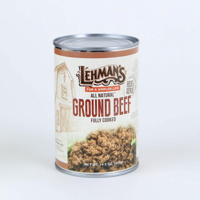 Handcrafted can of Amish-made all natural fully cooked ground beef, ready for quick meals, featured in Kitchen & Food, Food, Meats, Best Sellers, and Promo Eligible collections.