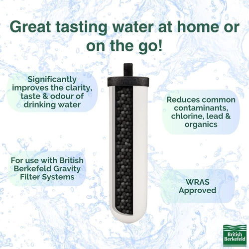 Vertical water filter cartridge with black granular activated carbon inside a white outer casing, designed for use in gravity water filter systems, featured in Farm, Garden & Tool and Appliances collections.