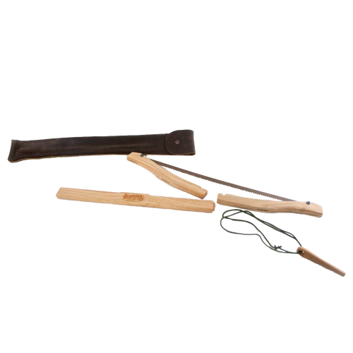 Disassembled handcrafted wooden bow saw with high carbon steel blade and durable leather case, designed for sustainable wood cutting in farm, garden, and tool uses.