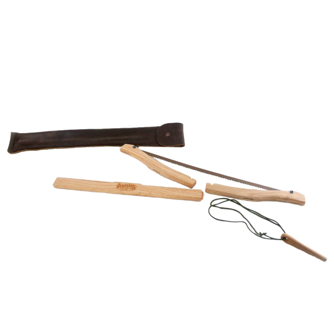Disassembled handcrafted wooden bow saw with high carbon steel blade and durable leather case, designed for sustainable wood cutting in farm, garden, and tool uses.