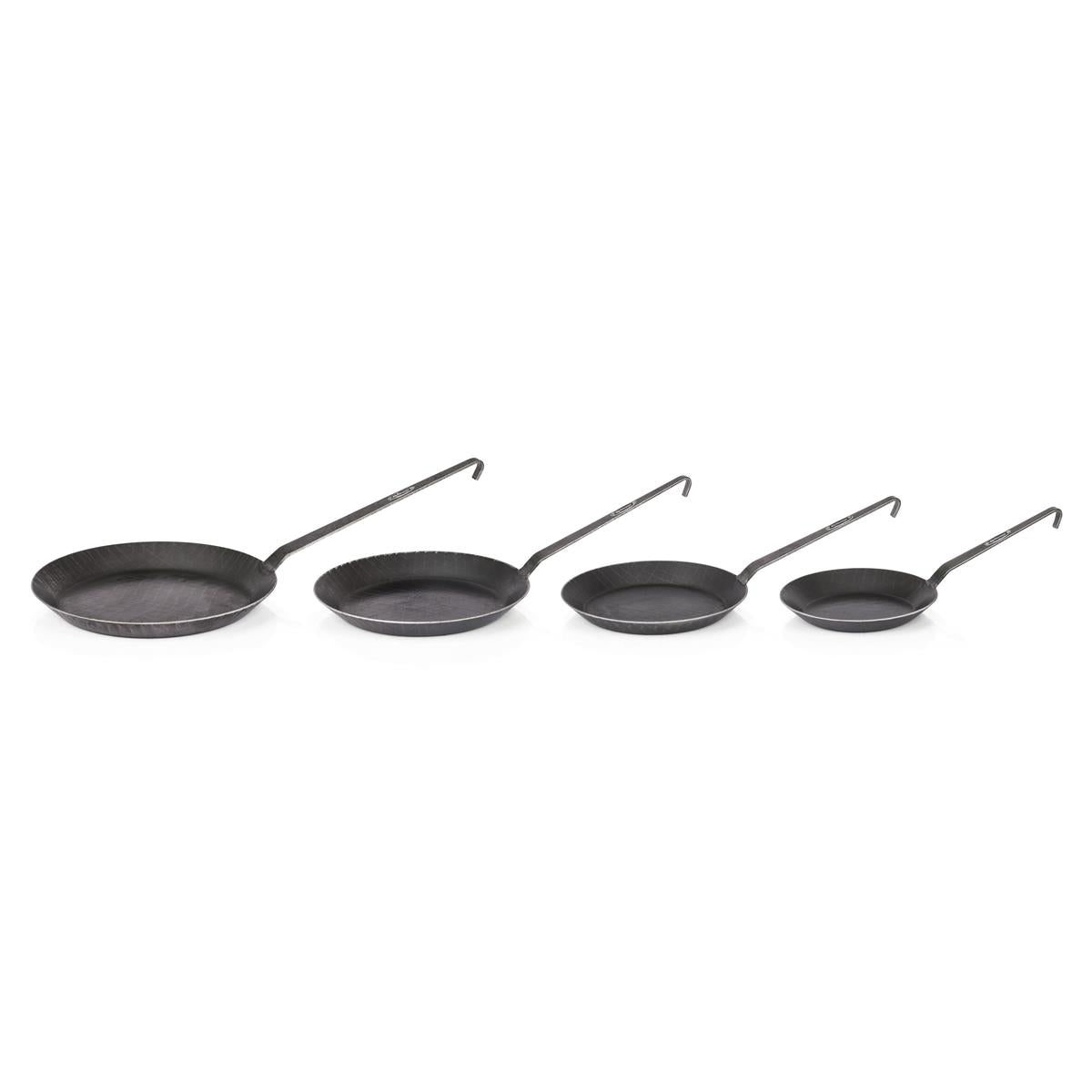 Set of four handcrafted wrought iron pans with long handles, designed for durable and versatile cooking, ideal for Farm, Garden & Tool, Kitchen & Food, Camping, Cookware, Pots and Pans, Best Sellers, and Promo Eligible collections.