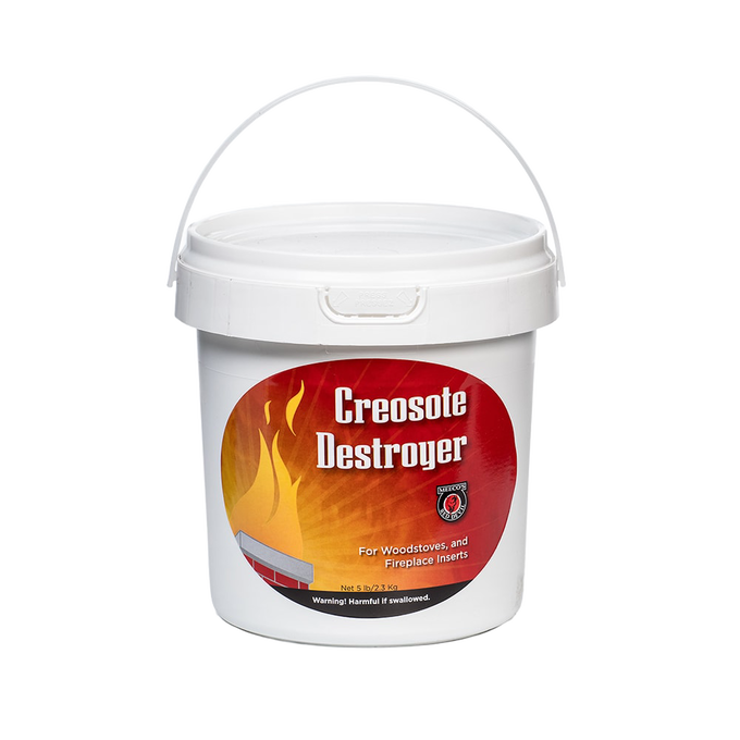 White plastic bucket container labeled "Creosote Destroyer" with red and orange flame graphics, used for stove and fireplace maintenance, featured in Stoves, Hearth Accessories, Best Sellers, and Promo Eligible collections.