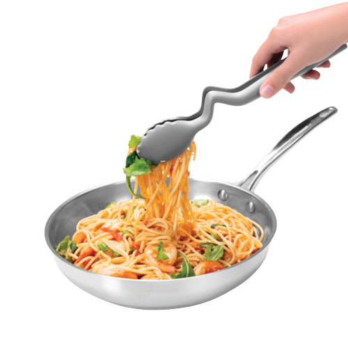 Lightweight gray nylon cooking tongs lifting spaghetti with shrimp and greens from a stainless steel skillet, featured for Kitchen & Food, Kitchen Gadgets, Cooking and Baking Helpers, Best Sellers, and Promo Eligible collections.