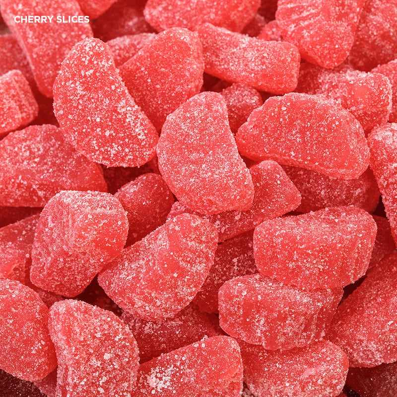 Close-up of sugar-coated cherry slice candies with a bright red color and chewy texture, offering a handcrafted sweet treat from Kitchen & Food, Snacks and Sweets, Best Sellers, and Promo Eligible collections.