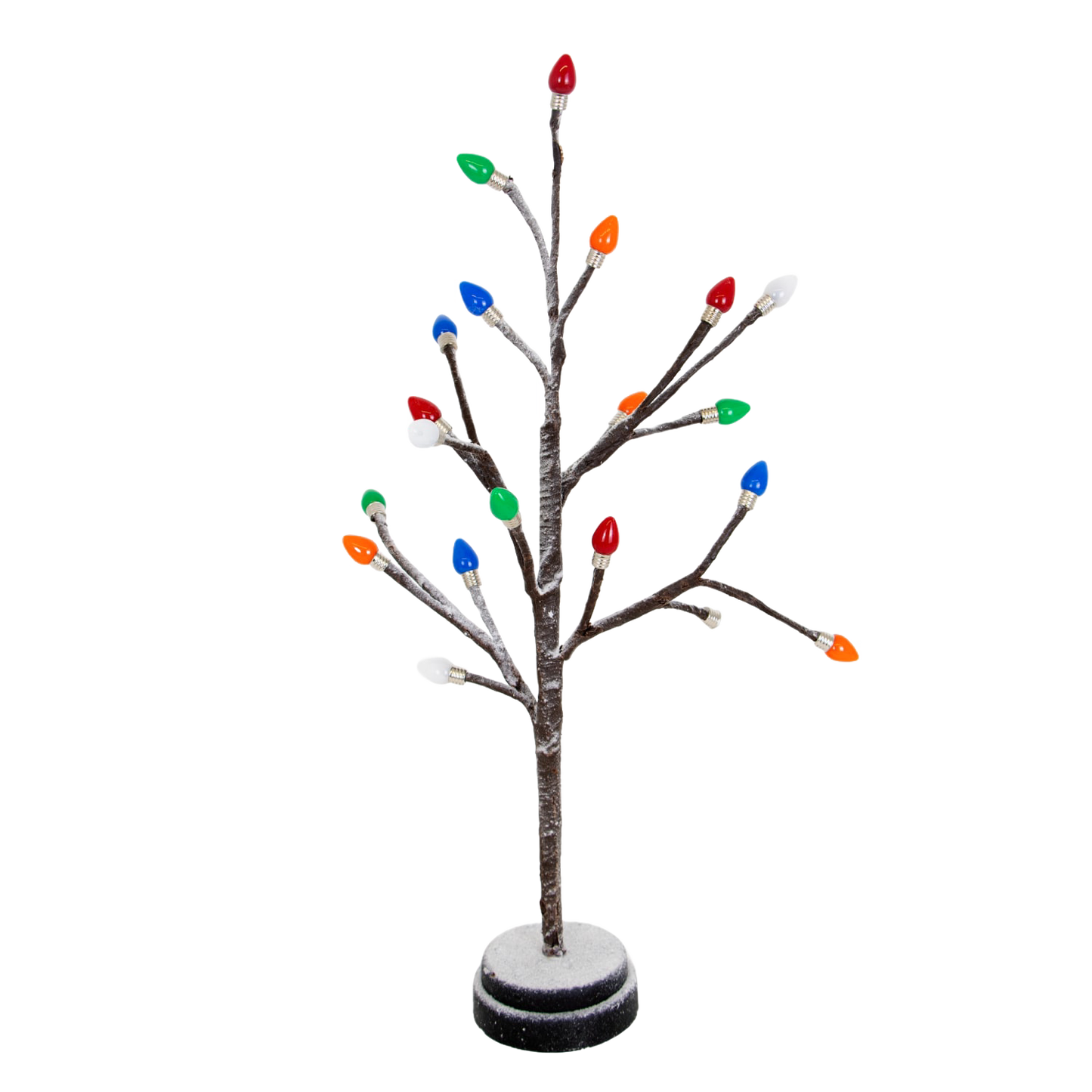 Battery-operated decorative holiday tree with snow-dusted branches and vibrant colored bulb caps, perfect for adding a cheerful glow to small spaces in Home & Decor, Holiday Decor, Best Sellers, and Promo Eligible collections.