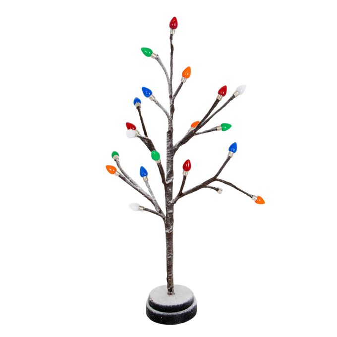 Battery-operated decorative holiday tree with snow-dusted branches and vibrant colored bulb caps, perfect for adding a cheerful glow to small spaces in Home & Decor, Holiday Decor, Best Sellers, and Promo Eligible collections.