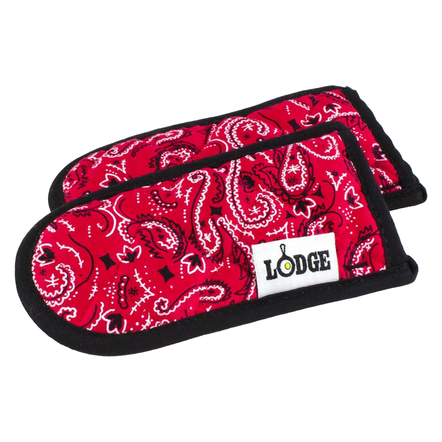 Pair of red paisley-patterned kitchen handle pads with black trim and a Lodge logo tag, designed for cast iron cookware, featured in Kitchen & Food, Cookware, Cast Iron, and Best Sellers collections.