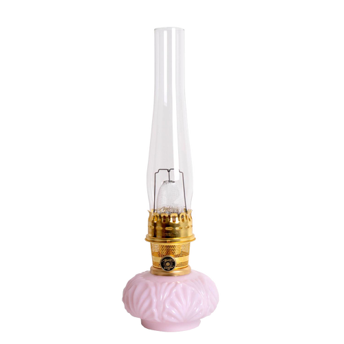 Handcrafted limited edition oil lamp with pink Crown Tuscan glass base and clear tall chimney, perfect for Lamps & Lighting, Oil Lamps, Table Lamps, and Best Sellers collections.