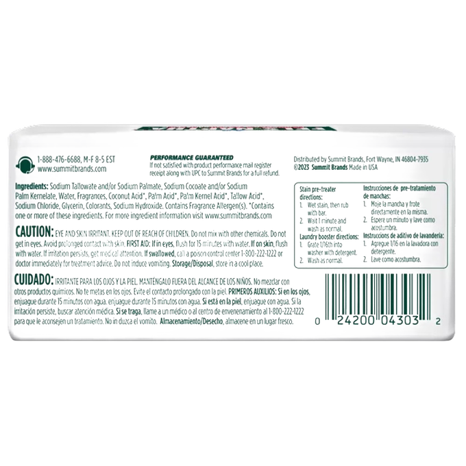 Back of a handcrafted laundry soap bar with ingredient list, usage instructions, caution warnings, and a barcode, made in USA and featured in Home & Decor, Laundry Supplies, and Best Sellers collections.