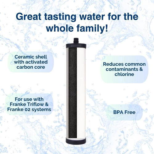 Ceramic water filter element with activated carbon core designed for use in Franke Triflow and 02 systems, reducing chlorine and common contaminants, BPA free, ideal for appliances and emergency supplies.