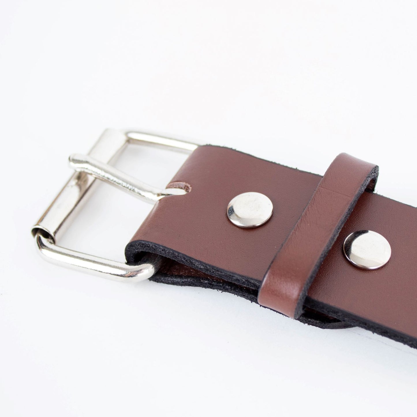 Close-up of a handcrafted Amish-made brown leather belt featuring genuine cowhide, polished chrome buckle and snaps, part of Health & Wellness, USA Made, Amish Made, Clothing and Accessories, Best Sellers, and Promo Eligible collections.