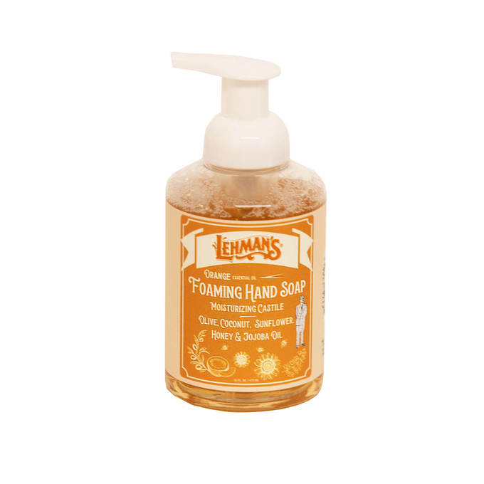Clear pump bottle of Lehman's handcrafted moisturizing foaming hand soap with natural castile formula including olive, coconut, sunflower oils, honey, and jojoba for Health & Wellness and Grooming collections, made in USA.