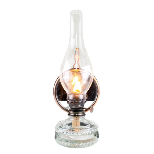 Handcrafted reflector oil lamp with clear glass base, removable mirror reflector, and glass chimney, ideal for Lamps & Lighting, Oil Lamps, Wall Lamps, and Best Sellers collections.
