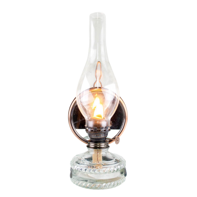 Handcrafted reflector oil lamp with clear glass base, removable mirror reflector, and glass chimney, ideal for Lamps & Lighting, Oil Lamps, Wall Lamps, and Best Sellers collections.