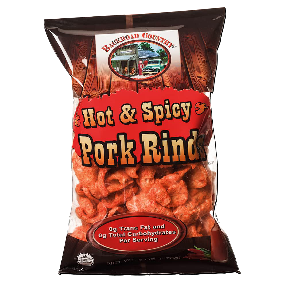 Bag of handcrafted hot and spicy pork rinds made in USA with zero trans fat and carbs, a savory snack popular in Kitchen & Food, Snacks and Sweets, USA Made, Best Sellers, and Promo Eligible collections.
